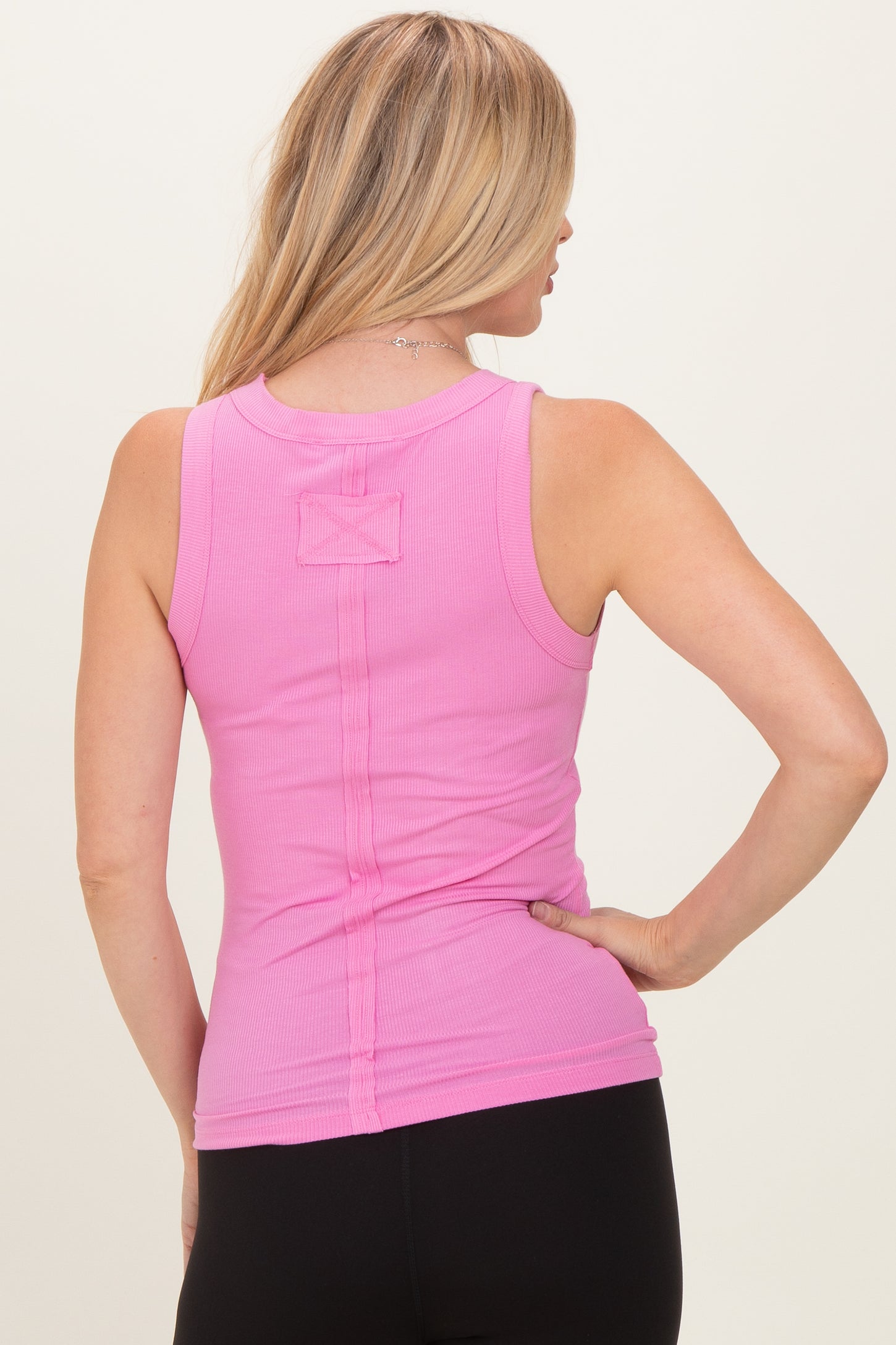 Pink Ribbed High Neck Tank Top