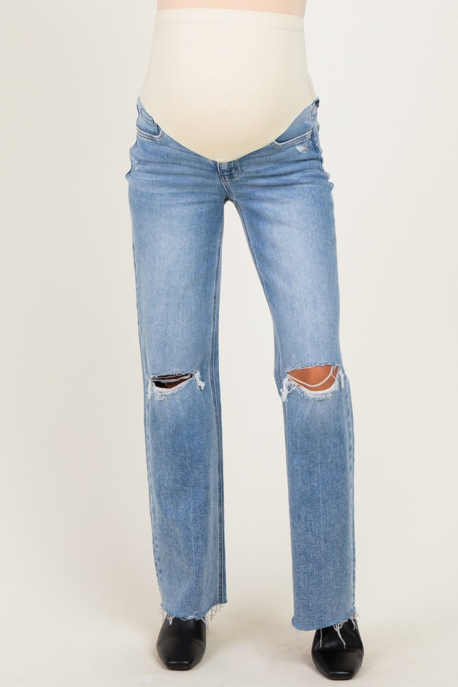 Light Blue Distressed Open Knee Cut Hem Maternity Wide Leg Jeans