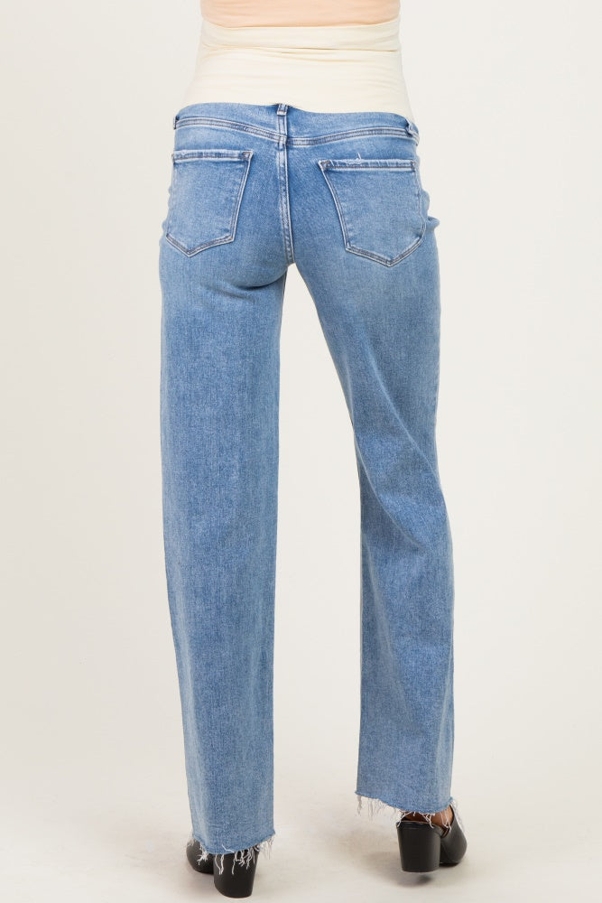 Light Blue Distressed Open Knee Cut Hem Maternity Wide Leg Jeans