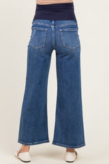 maternity wear wide leg dark blue jeans with a stretchy waistband, shown from the back