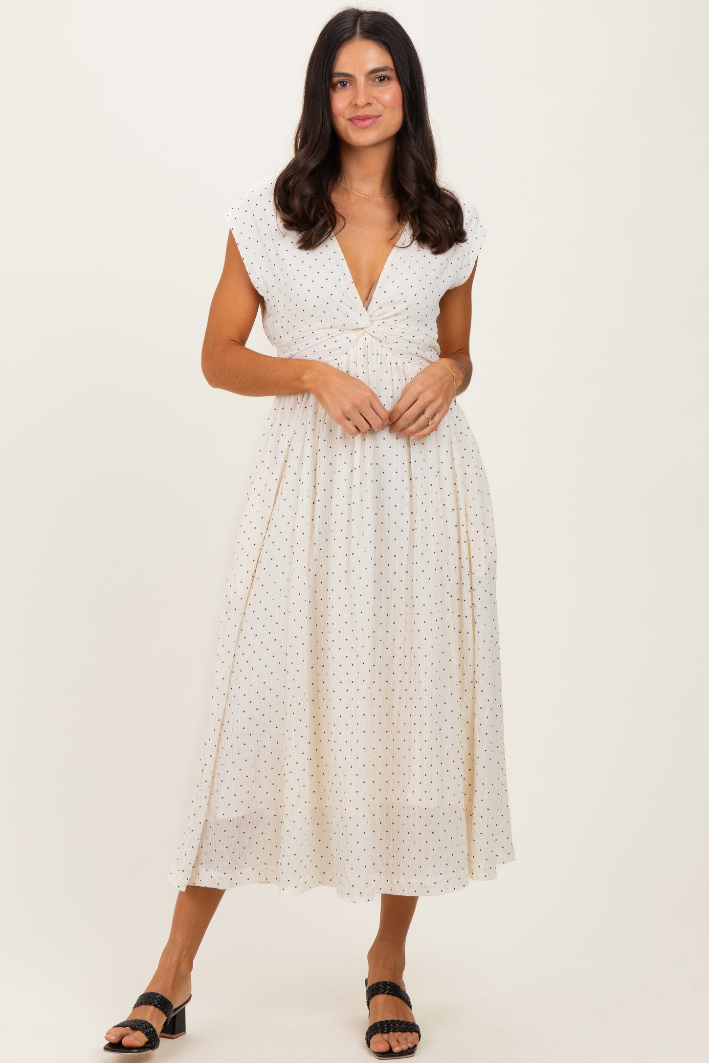 Cream Polka Dot Twisted Detail V Neck Maternity Maxi Dress