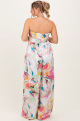 Multi Butter Satin Marble Print Smocked Tube Wide Leg Maternity Jumpsuit
