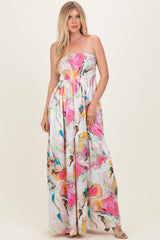 Multi Butter Satin Marble Print Smocked Tube Wide Leg Maternity Jumpsuit