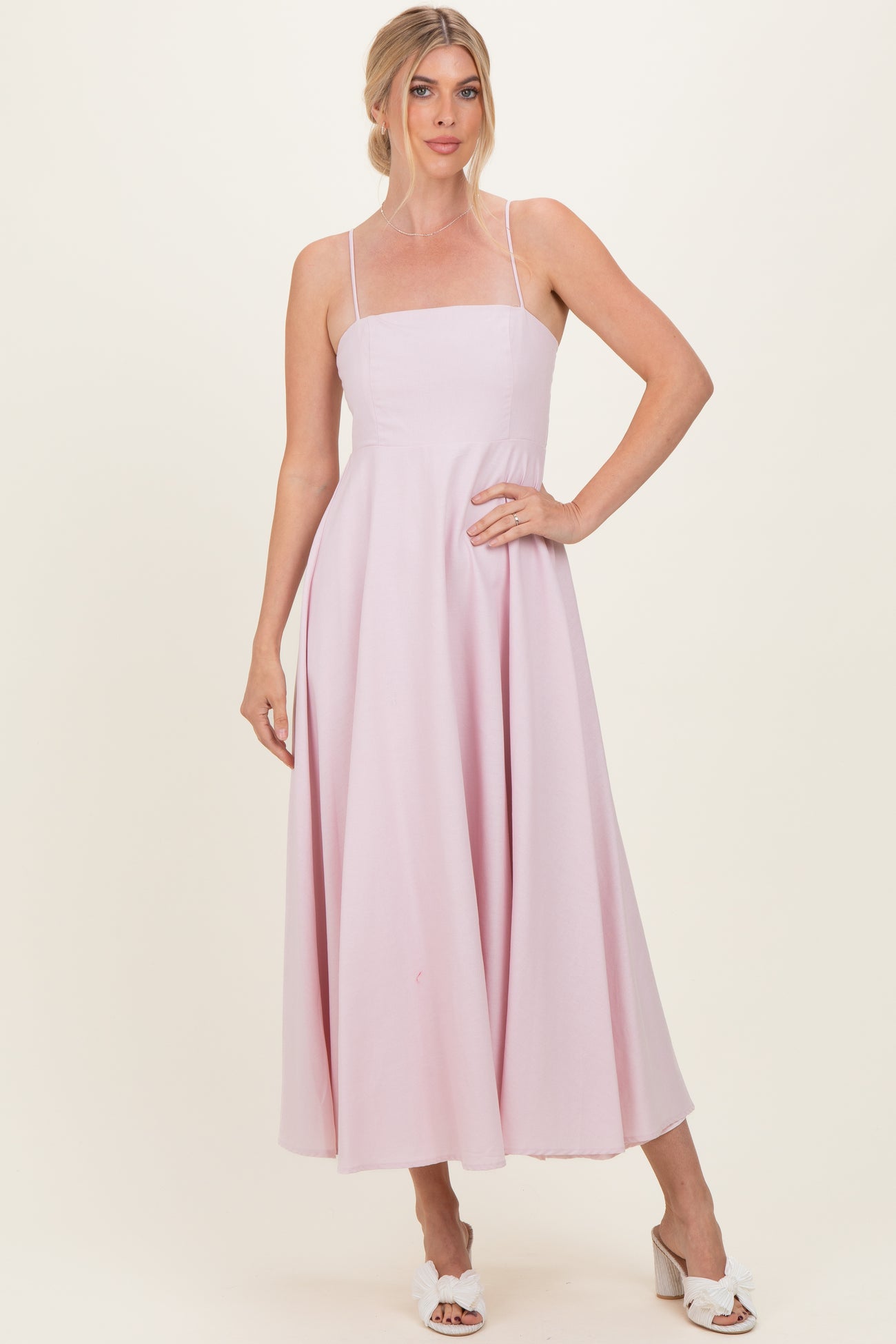 Light Pink Linen A-Line Flared Maternity Midi Dress