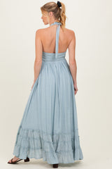 Light Blue Halter Neck Smocked Maternity Maxi Dress