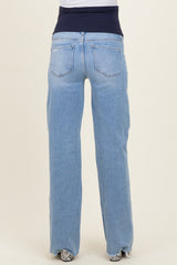 maternity wear blue straight-leg jeans with a stretchy navy waistband, shown from the back