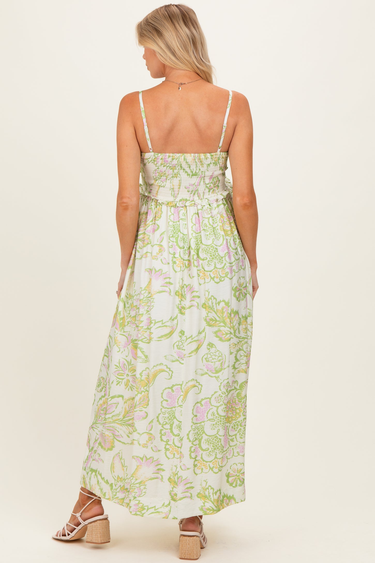 Green Cream Elegant Floral Maternity Maxi Dress