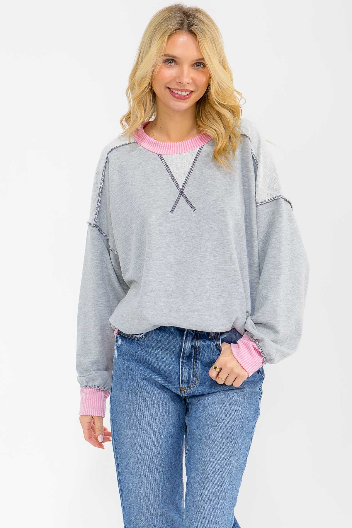 Heather Grey Contrast Band Exposed Seam Maternity Pullover