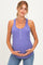 woman wearing a purple maternity tank top with buttons, holding her baby bump