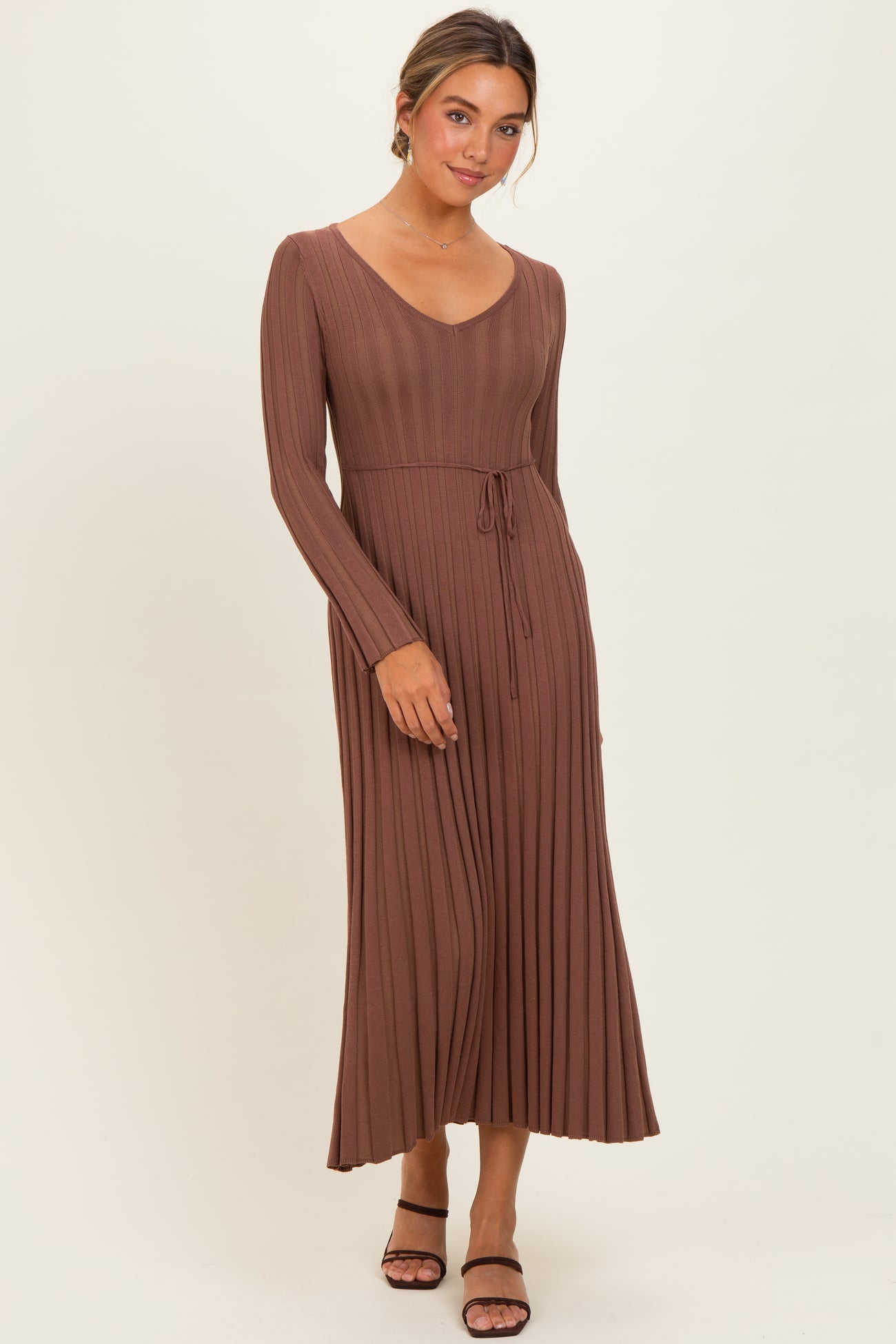 Brown Ribbed Maternity Knit Maxi Dress
