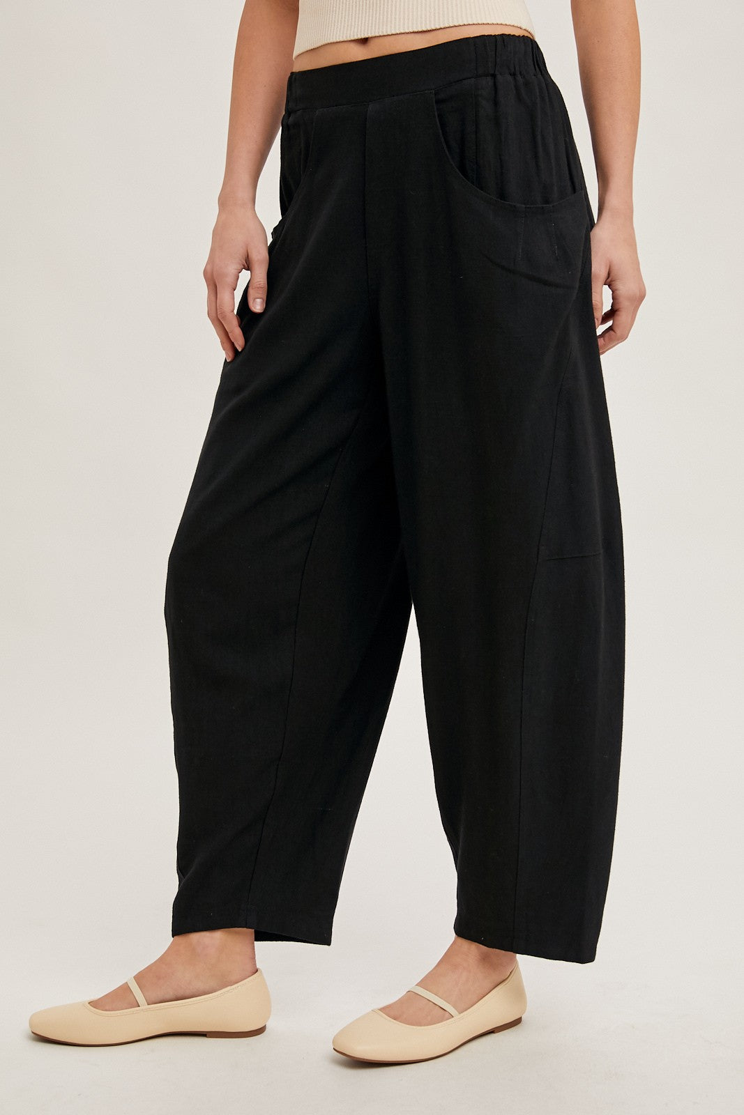 Black Linen Blend Barrel Leg Pants