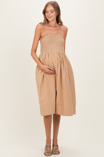 Light Taupe Shoulder Tie Smocked Maternity Midi Dress