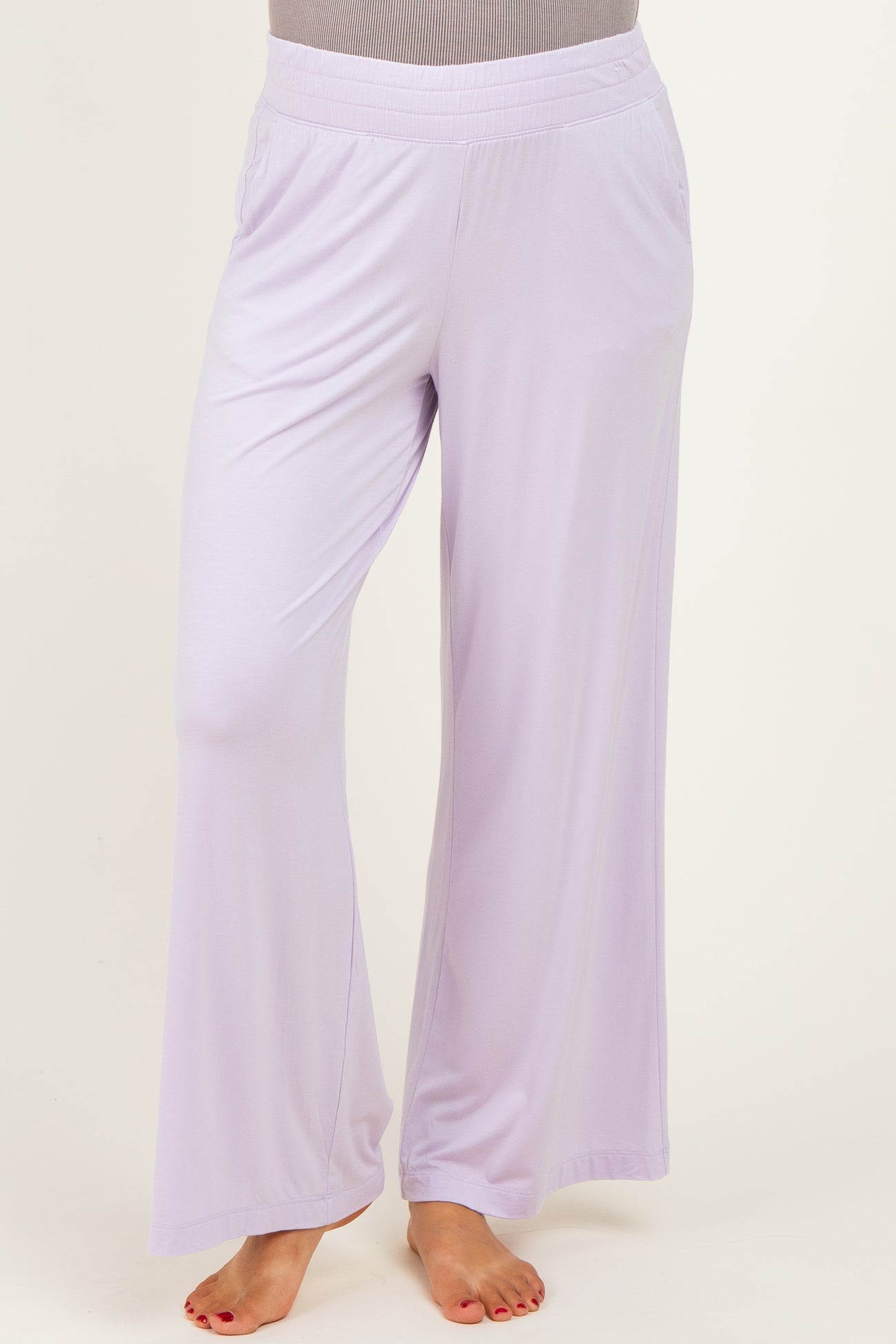 maternity wear light lavender wide leg pants with a comfortable elastic waistband