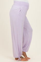 maternity wear light lavender harem pants with elastic waistband and adjustable ties at the ankles