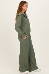 Light Olive Ribbed High Neck Half Zip Pullover Pant Set
