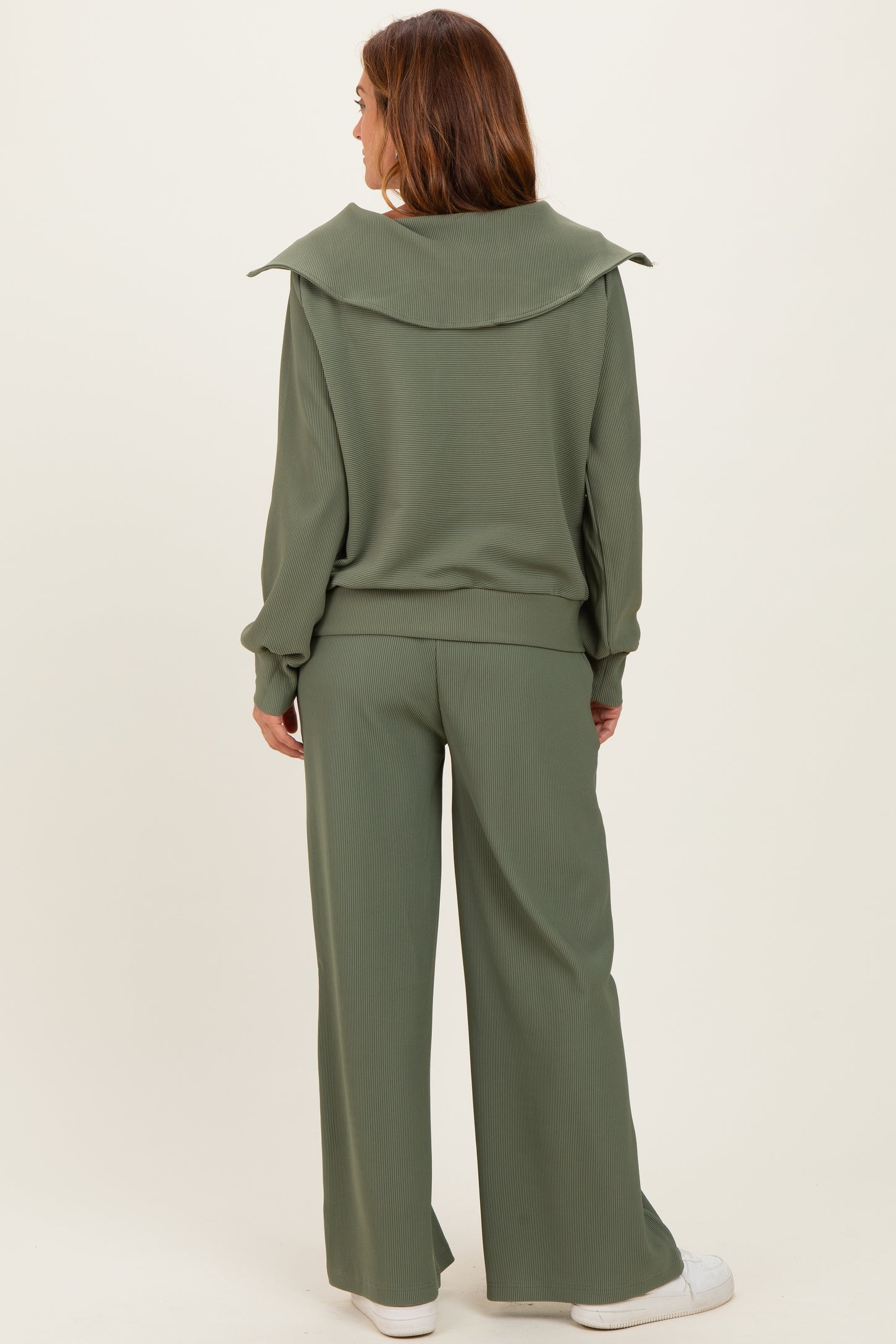Light Olive Ribbed High Neck Half Zip Pullover Pant Set