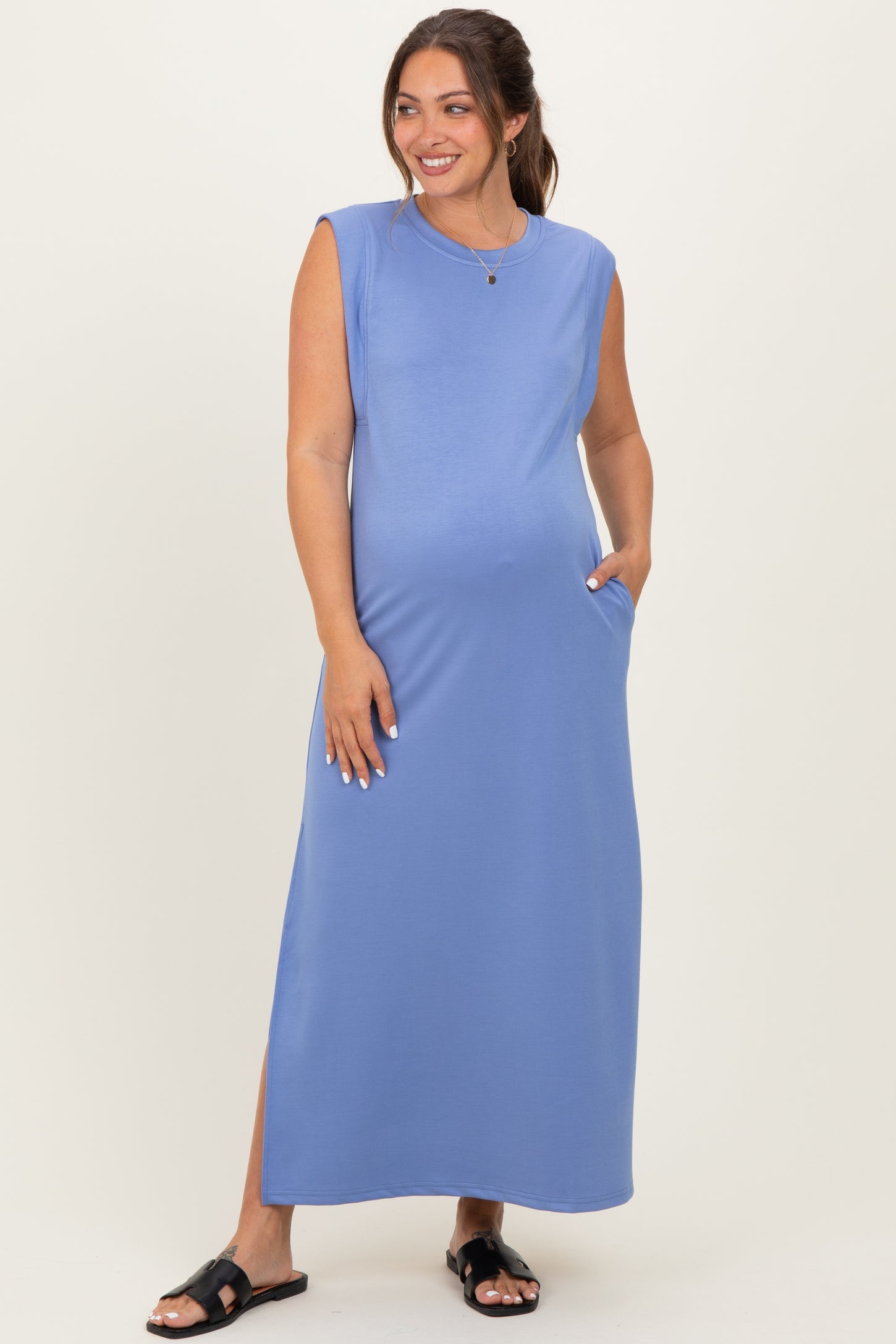Light Blue Sleeveless Side Slit Maternity Midi Dress