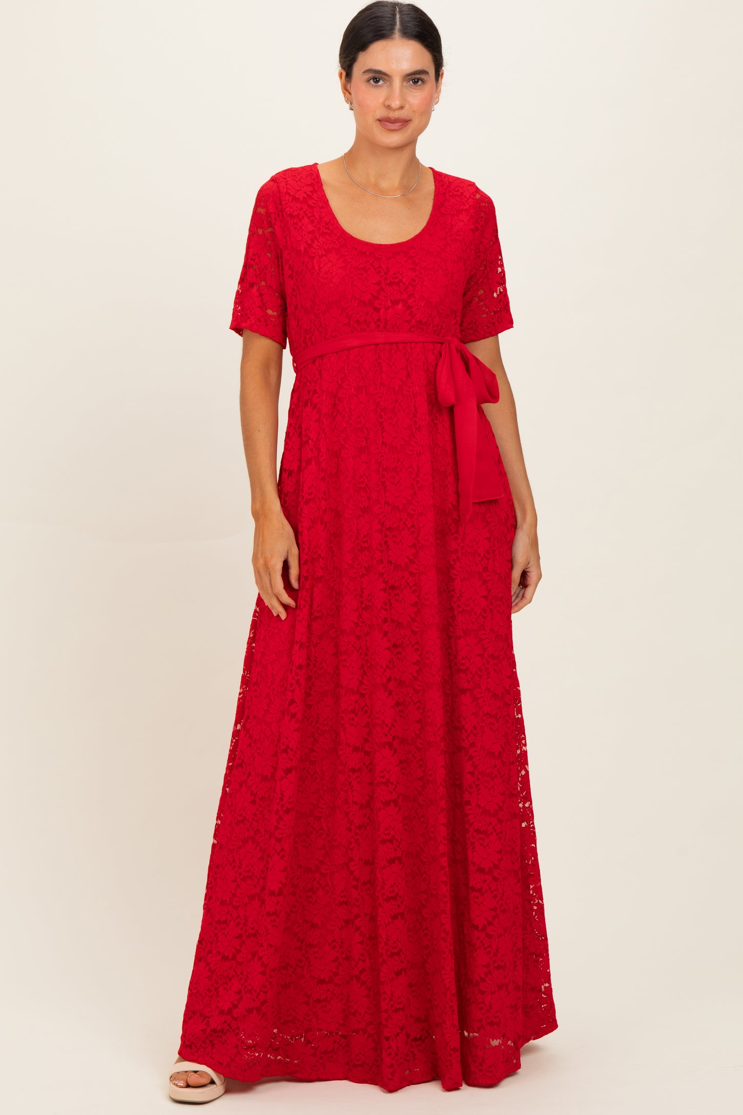 Red Lace Sash Tie Maternity Gown