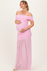 Baby Pink Ruched Mesh Off Shoulder Maternity Maxi Dress