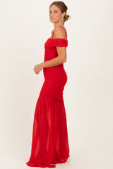 Red Ruched Mesh Off Shoulder Maxi Dress