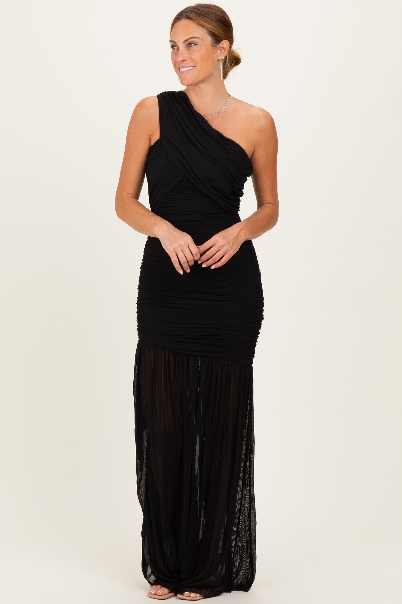 Black Ruched Mesh One Shoulder Maternity Maxi Dress