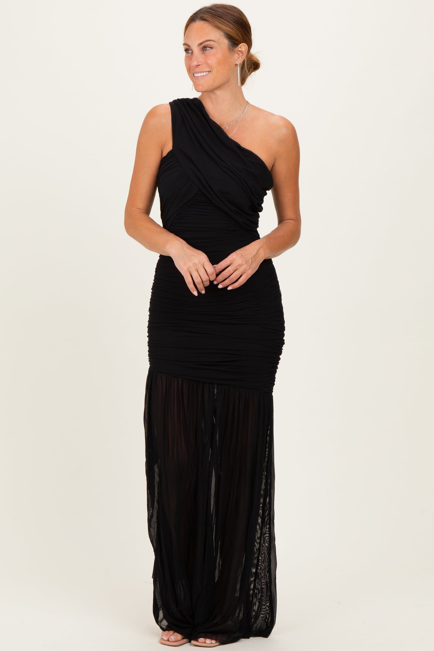 Black Ruched Mesh One Shoulder Maternity Maxi Dress