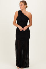 Black Ruched Mesh One Shoulder Maternity Maxi Dress