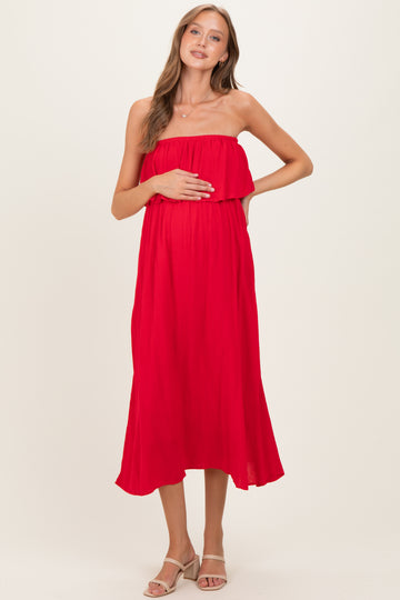 Ruby Woven Crinkle Flounce Strapless Maternity Maxi Dress