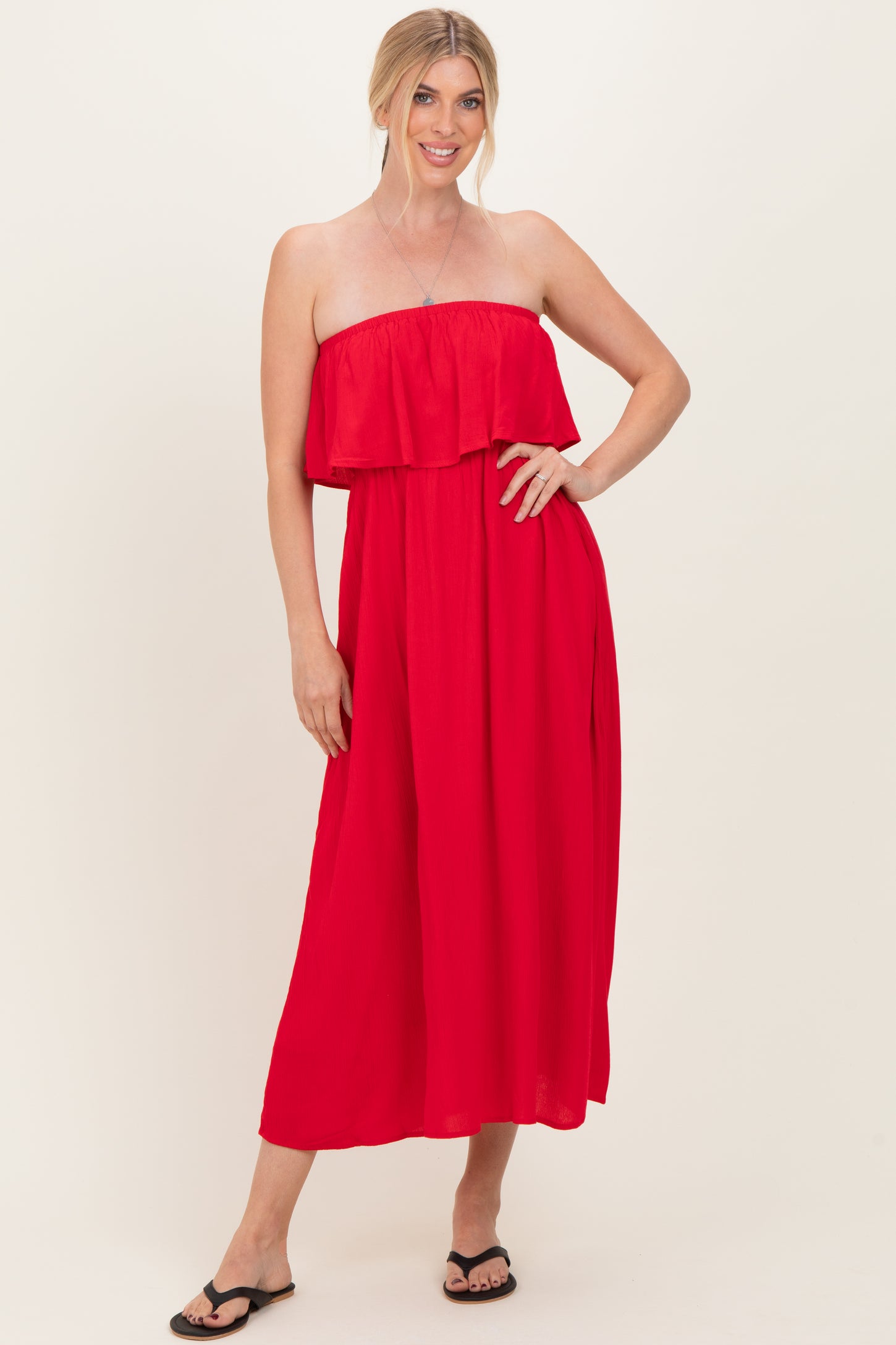 Ruby Woven Crinkle Flounce Strapless Maternity Maxi Dress