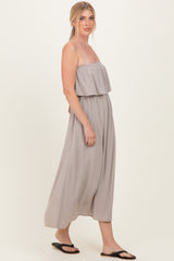 Ash Mocha Woven Crinkle Flounce Strapless Maxi Dress