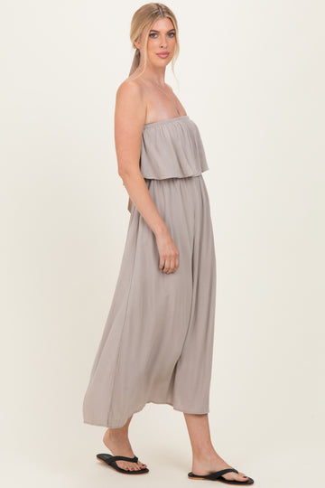 Ash Mocha Woven Crinkle Flounce Strapless Maxi Dress