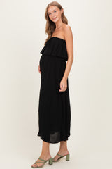 Black Woven Crinkle Flounce Strapless Maternity Maxi Dress