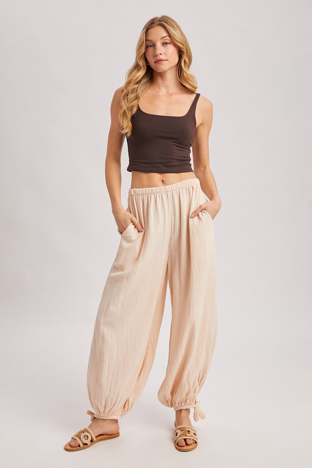 Ecru Cotton Gauze Tie Hem Maternity Pants