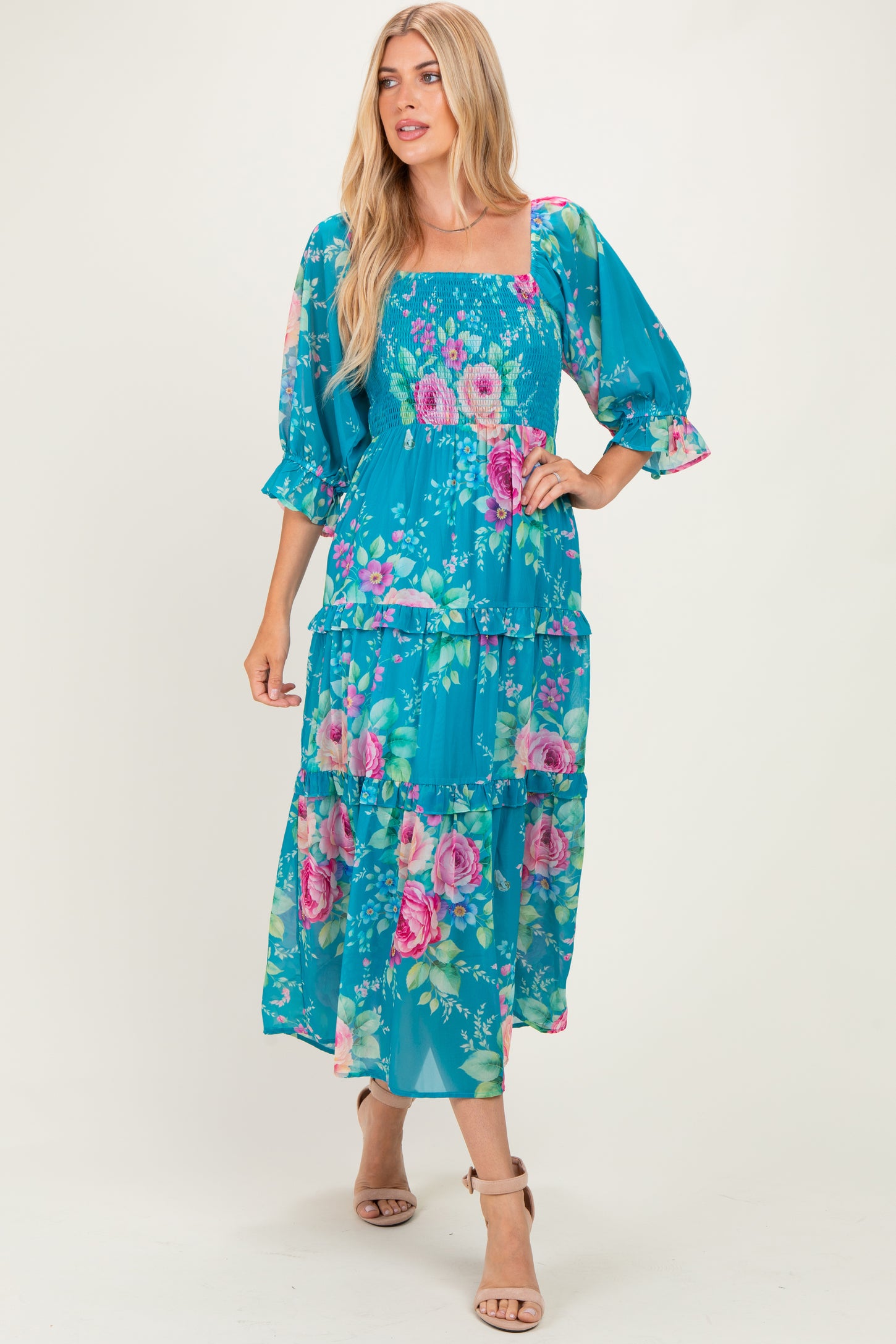 Blue Floral Smocked Chiffon Tiered Maternity Maxi Dress