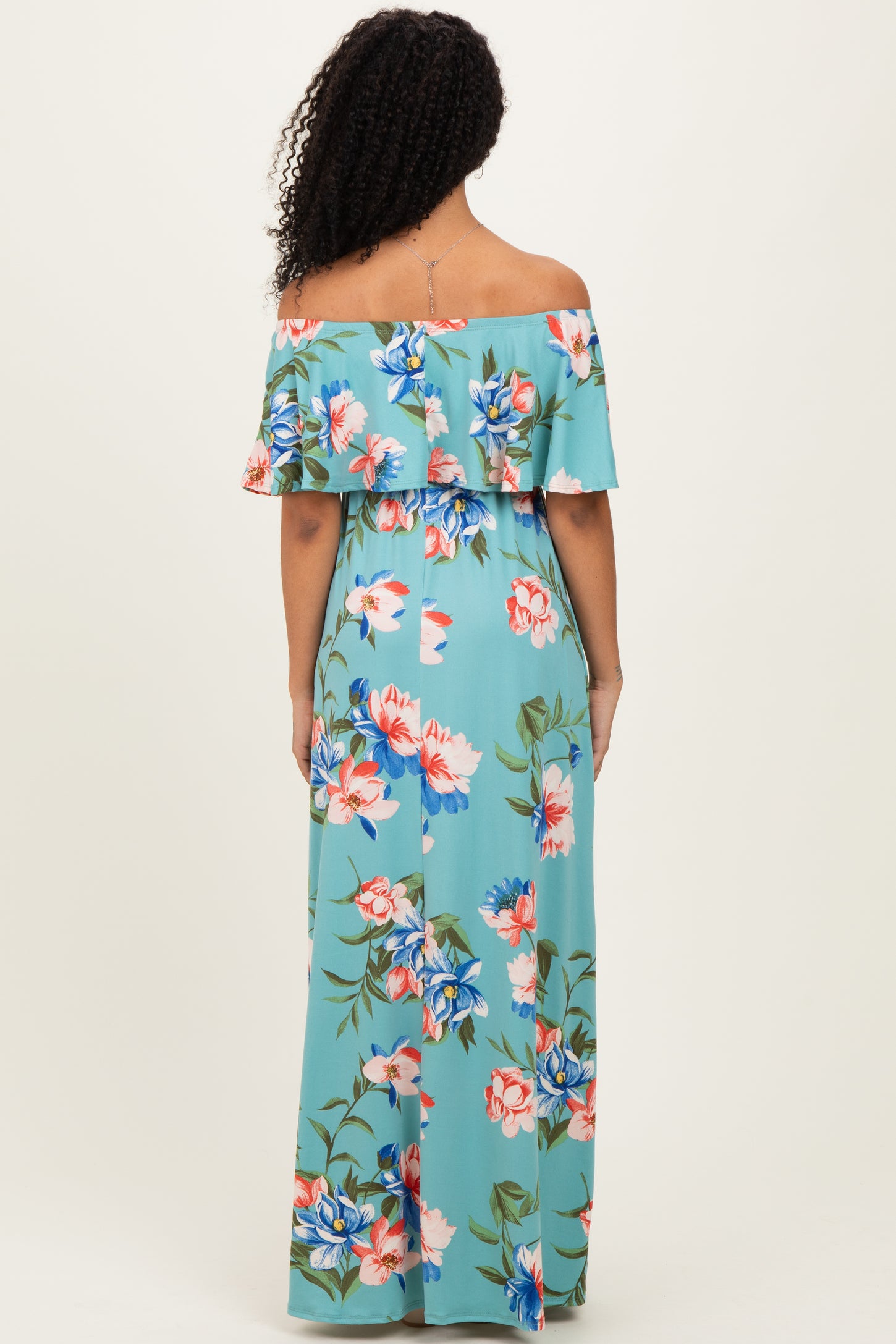 Light Blue Off Shoulder Floral Ruffle Maxi Dress