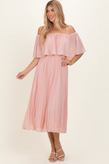 Pink Pleated Off Shoulder Flounce Maternity Midi Dress