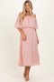 Pink Pleated Off Shoulder Flounce Midi Dress
