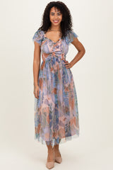 Multicolor Floral Mesh Smocked Cinched Bodice Midi Dresses