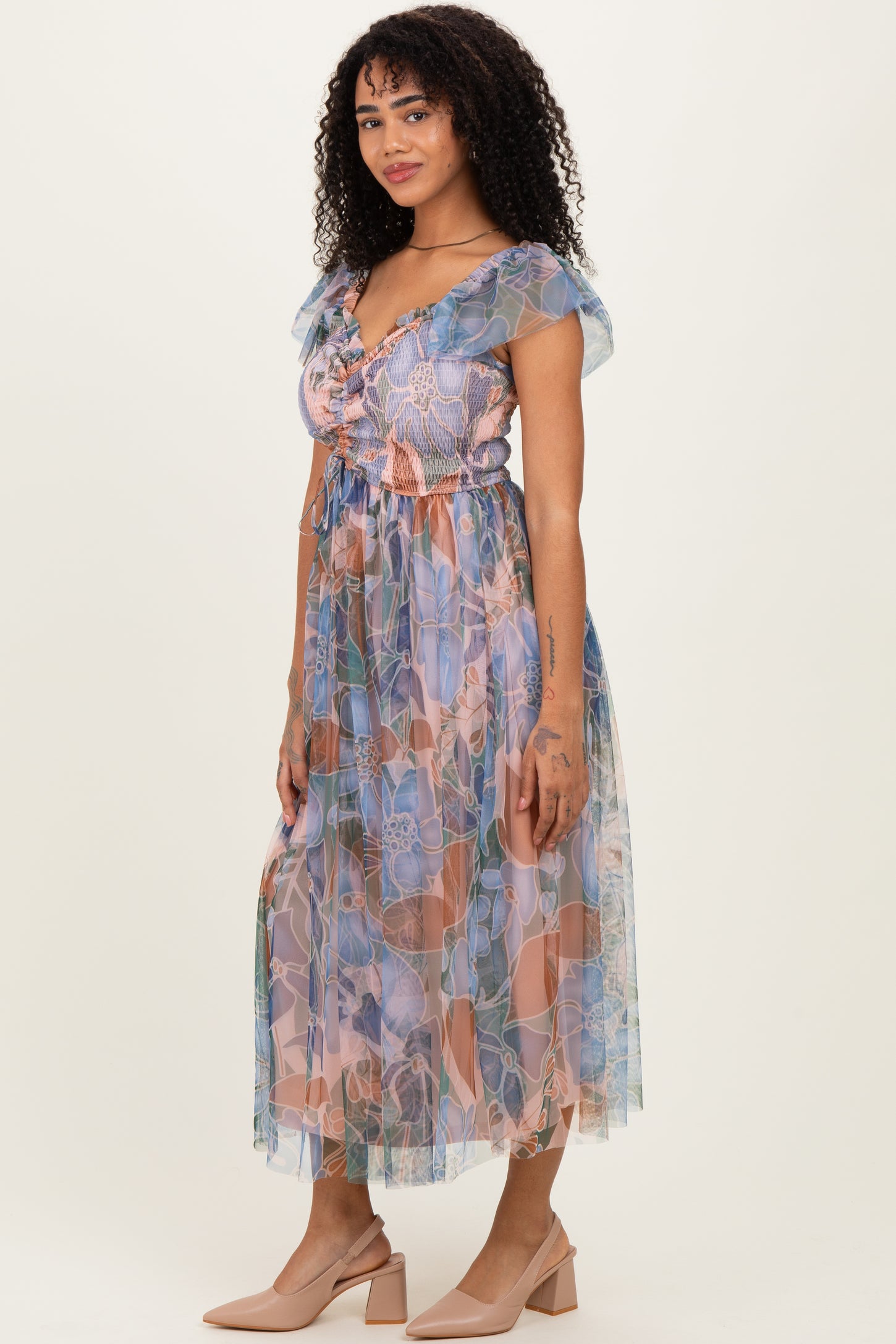 Multicolor Floral Mesh Smocked Cinched Bodice Midi Dresses