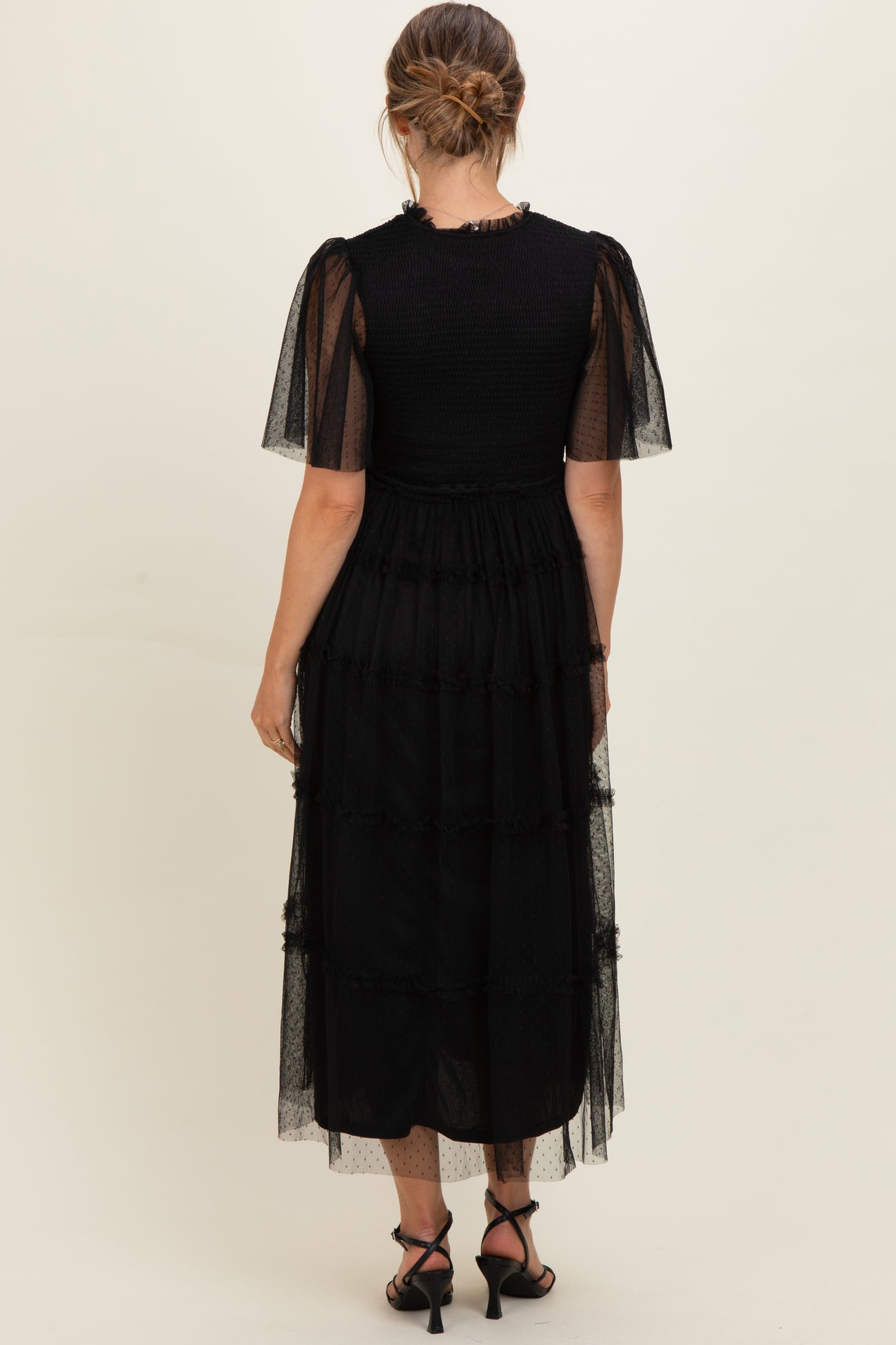 maternity wear black tiered midi dress with sheer puff sleeves and a smocked bodice, model shown from the back