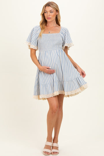 Light Blue Striped Smocked Lace Trim Maternity Dress
