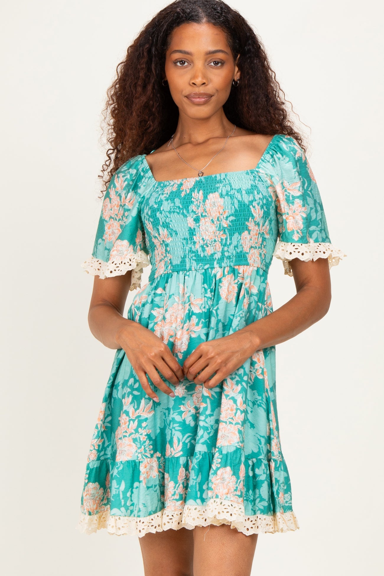 Jade Floral Smocked Lace Trim Maternity Dress