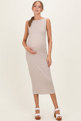Mocha Striped Boat Neck Sleeveless Maternity Midi Dress