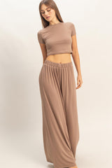 Dark Taupe Short Sleeve Crop Top Wide Leg Pant Maternity Set