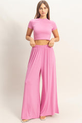 Pink Short Sleeve Crop Top Wide Leg Pant Maternity Set