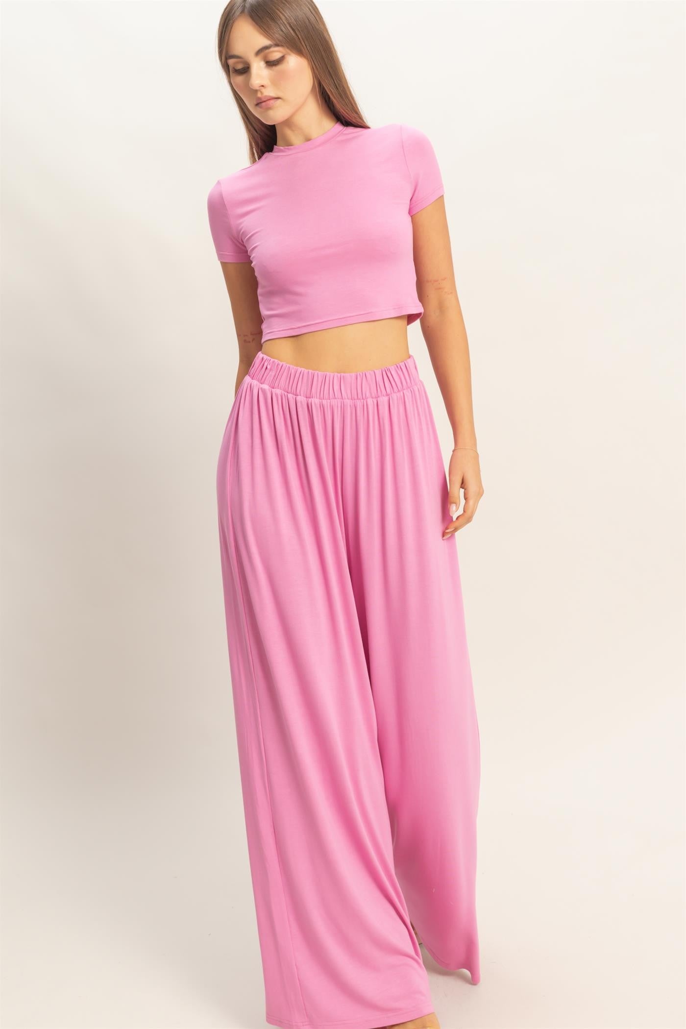 Pink Short Sleeve Crop Top Wide Leg Pant Set