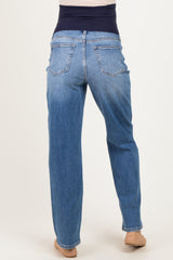 maternity wear light blue denim straight leg jeans with a stretchy navy waistband and no visible baby bump