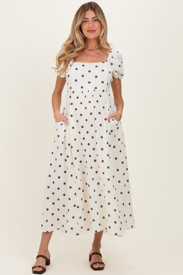 Cream Cotton Gauze Dot Print Ribbon Tie Back Maternity Midi Dress