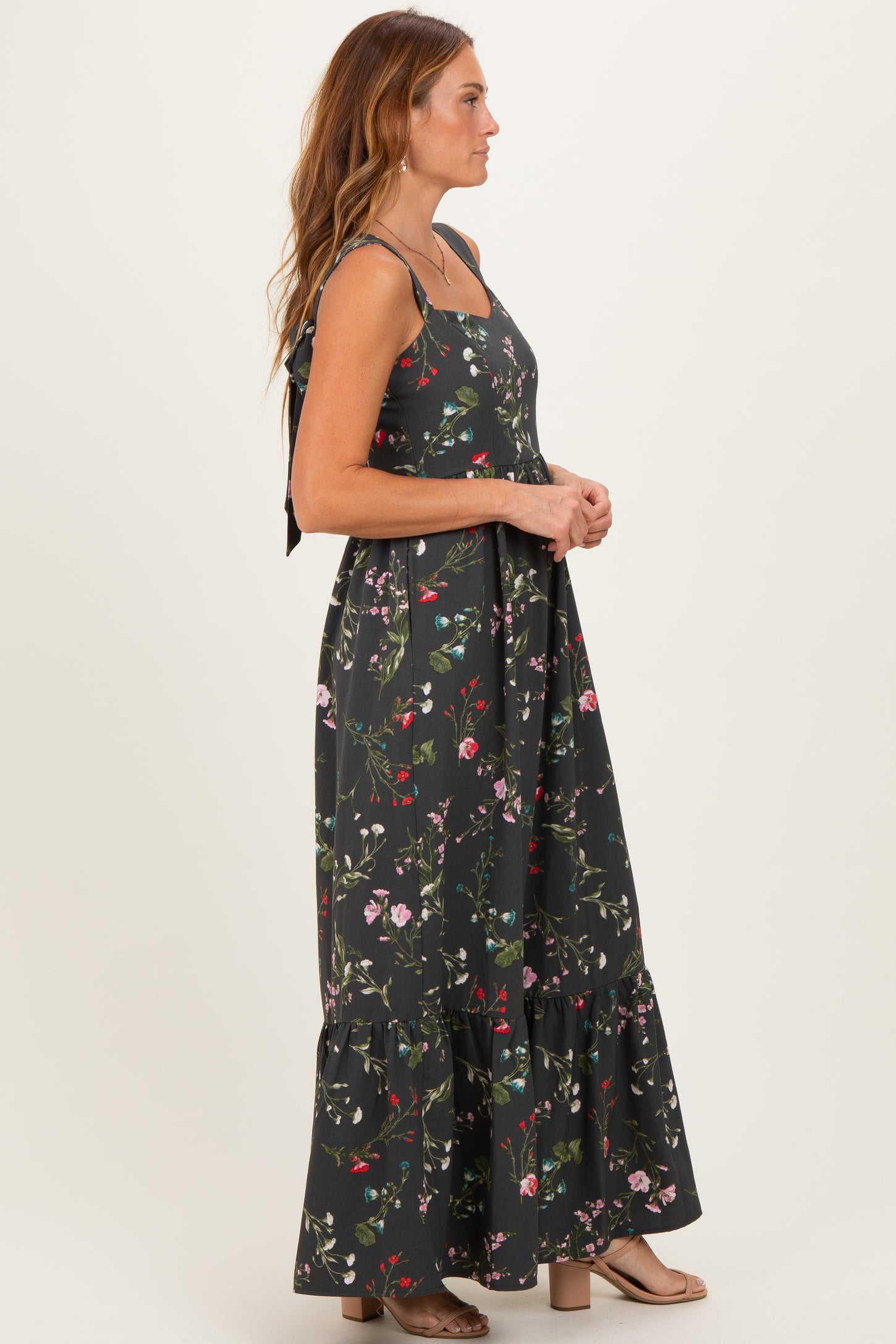 Forest Green Floral Bow Strap Maxi Dress