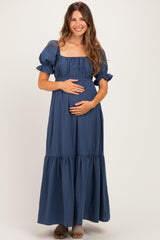 Midnight Open Back Ribbon Tie Maternity Maxi Dress